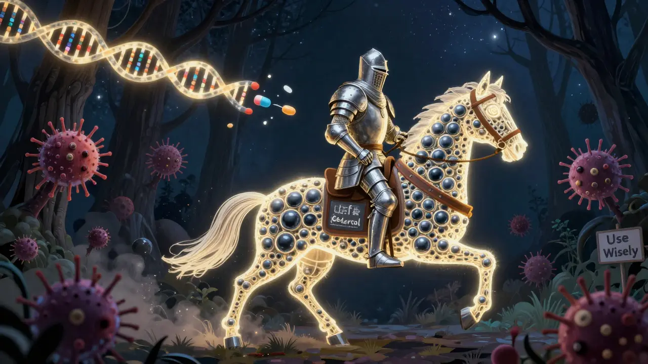A knight made of iron atoms tricks resistant bacteria into swallowing its armor in a magical microbial battle.