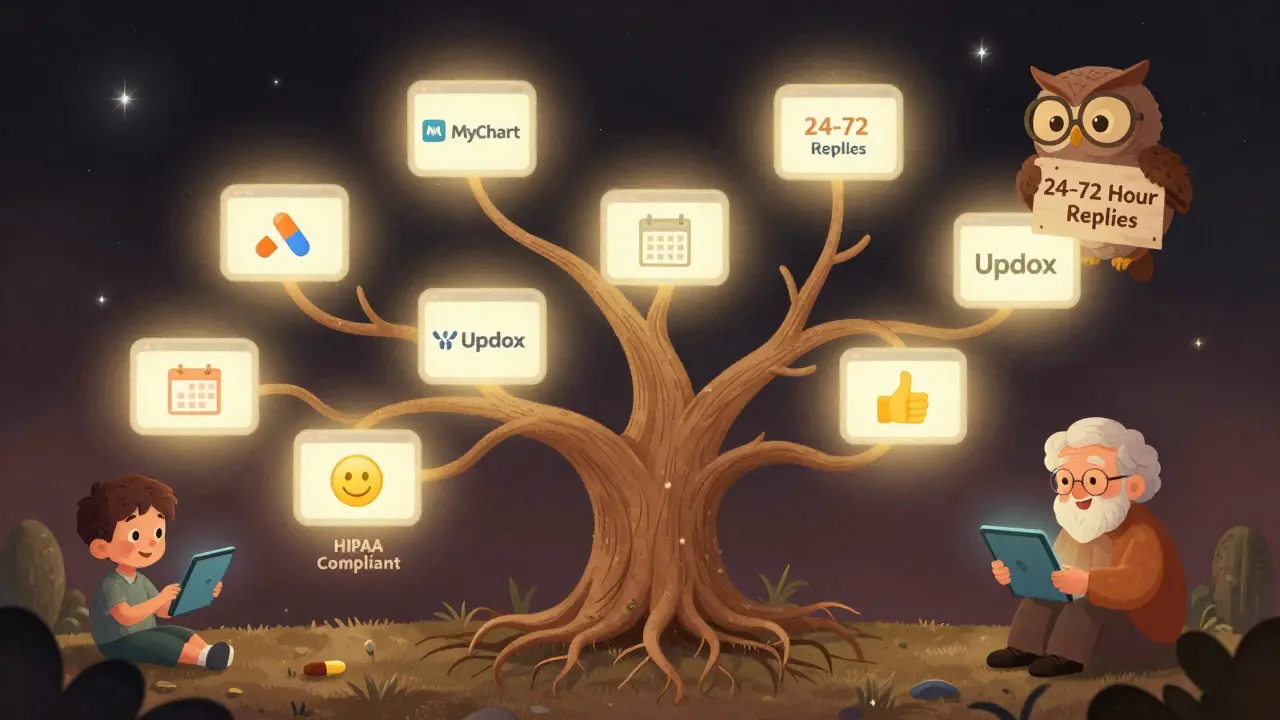 A magical tree of secure health portals with icons and a wise owl, representing patient care systems in dreamy illustration.