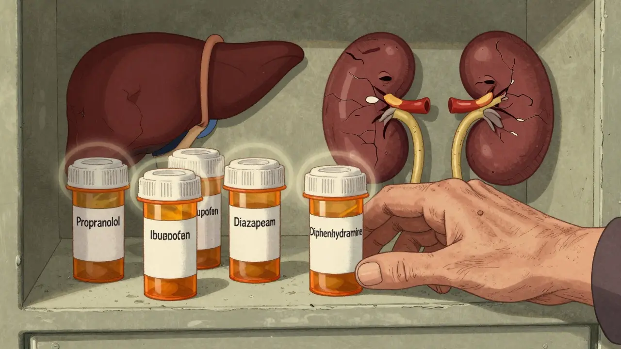 A medicine cabinet with five prescription bottles emitting warning halos, alongside weary cartoon liver and kidney organs.