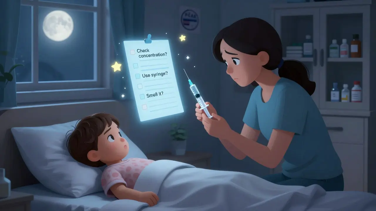 A mother carefully dosing medicine with a syringe beside her sleeping child, with a floating safety checklist.