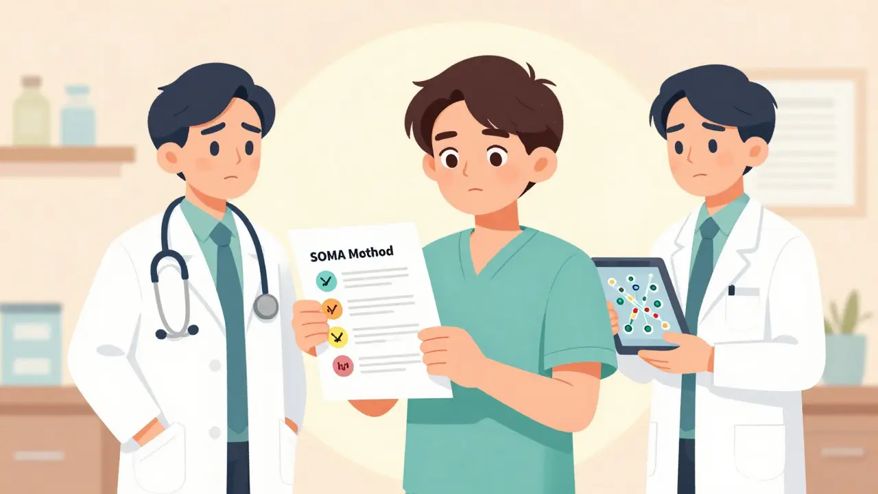 A patient presenting a symptom chart to two doctors, one skeptical, one supportive.