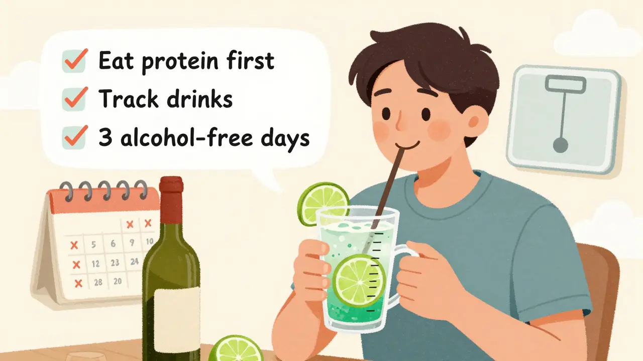 A person drinking a low-calorie cocktail while following simple weight loss tips, with a positive, hopeful scene.