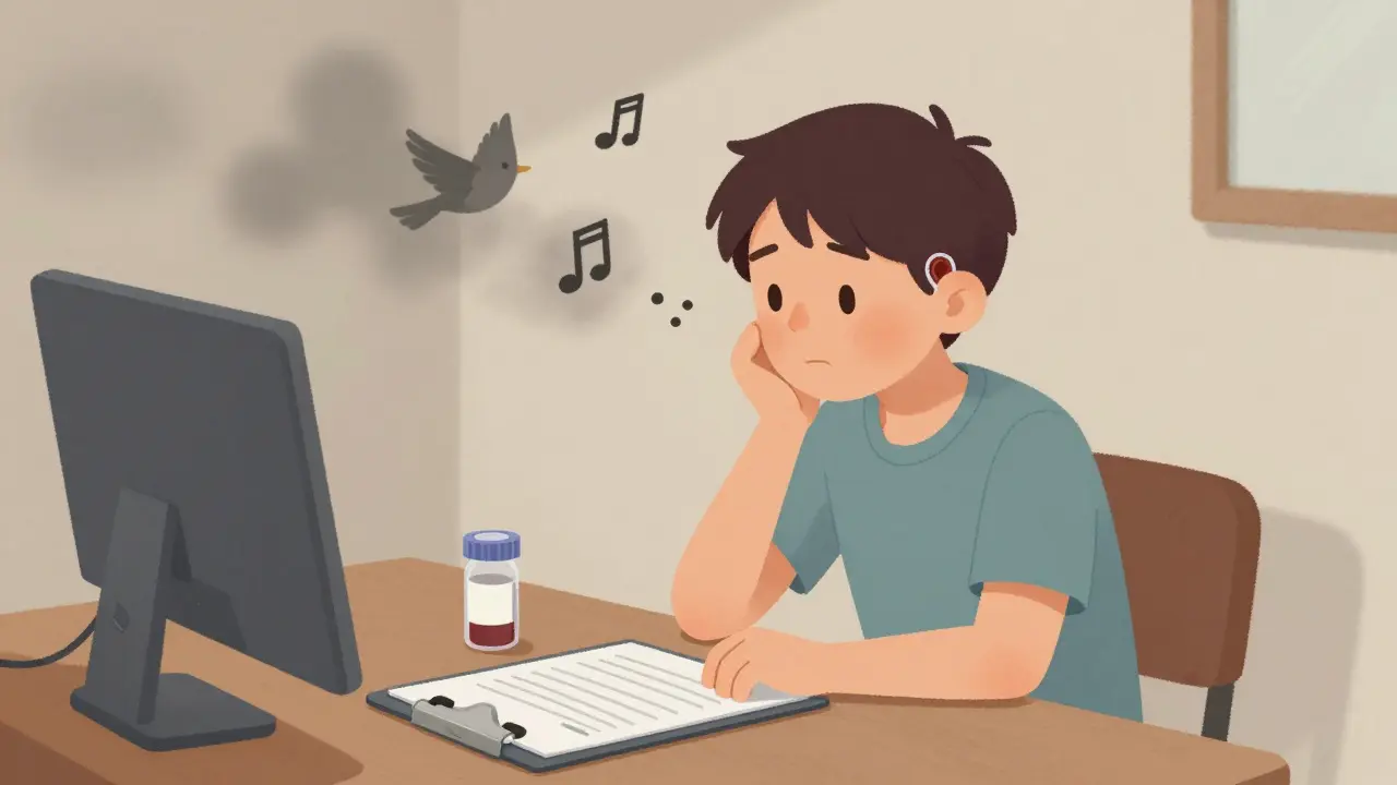 A person sitting quietly as familiar sounds fade away from their ear, symbolized by gray mist replacing bright audio icons.