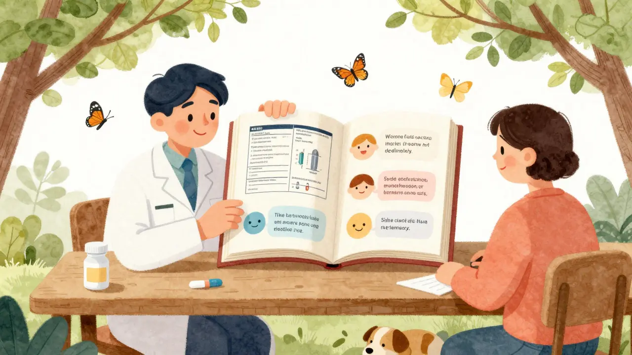 A pharmacist and patient reading a book that shows both clinical data and simple explanations side by side.