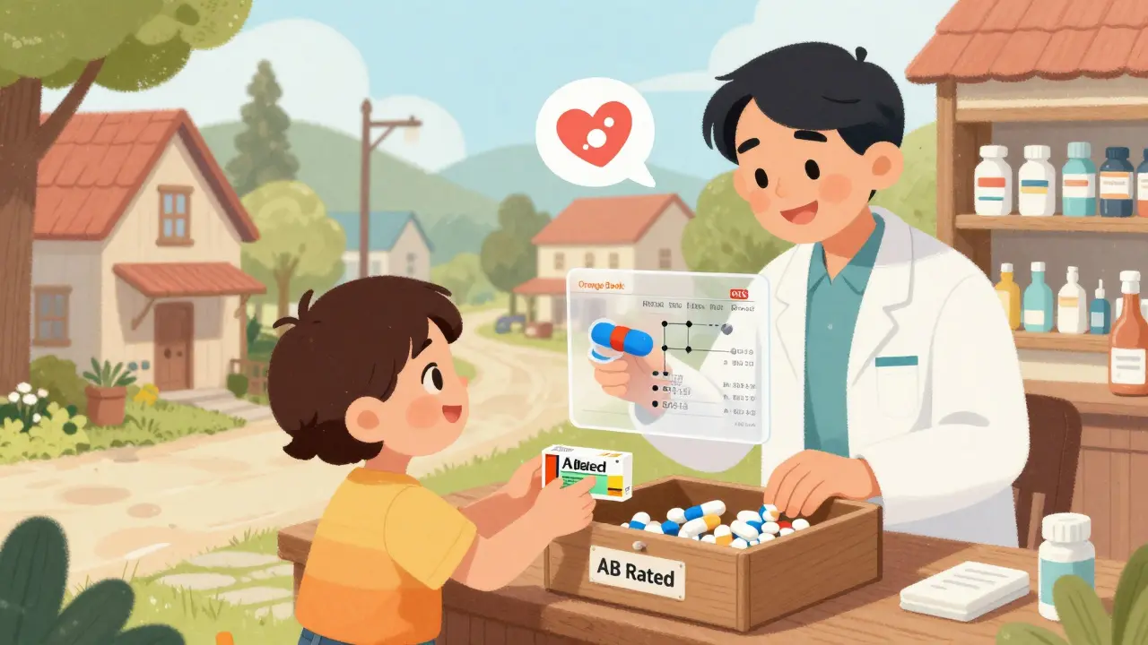 A pharmacist gives a generic pill to a child in a town square, with a transparent data stream linking it to the brand drug.