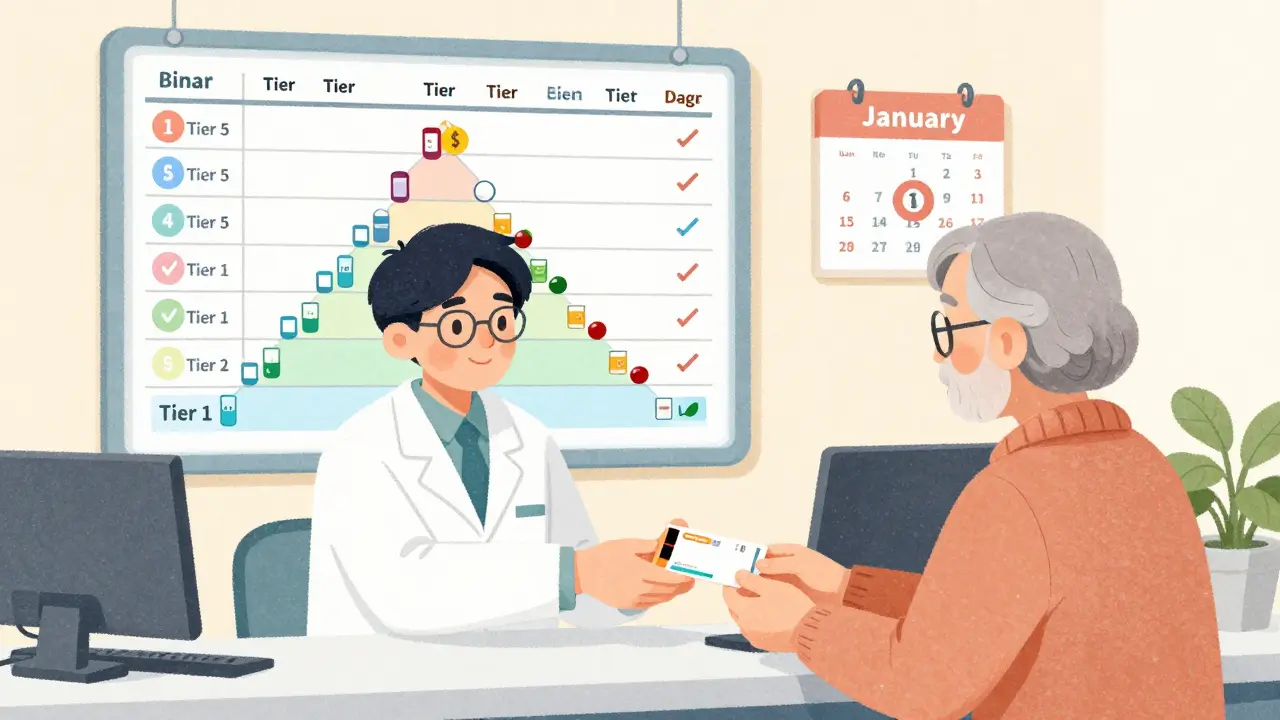 A pharmacist giving a prescription to a senior while a formulary chart shows drugs moving between cost tiers in the background.