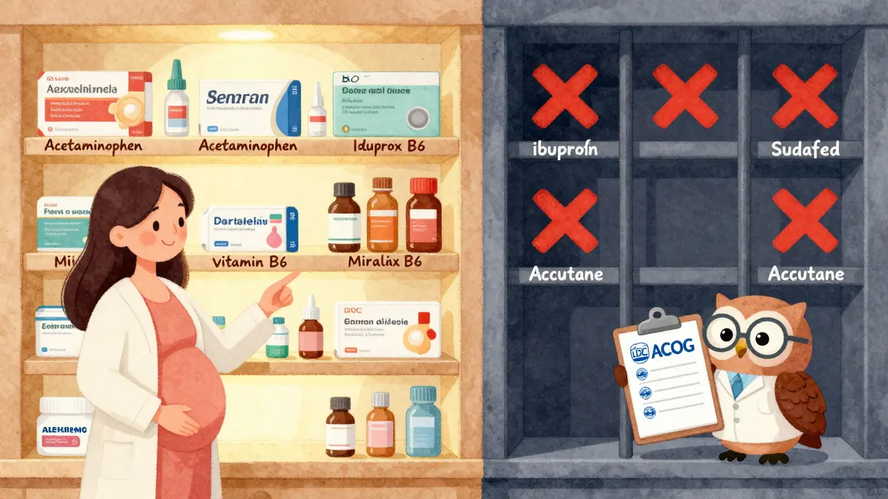 A pharmacy shelf with safe pregnancy meds on one side and unsafe ones crossed out on the other.