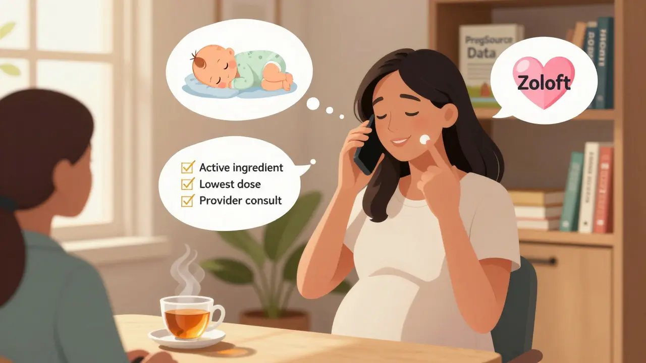 A pregnant woman talking to a counselor, with thought bubbles showing key safety steps and a baby.
