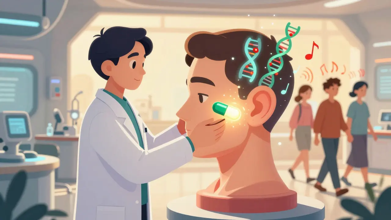 A scientist repairing a human ear with glowing gene therapy, while restored hearing symbols return to patients in the background.