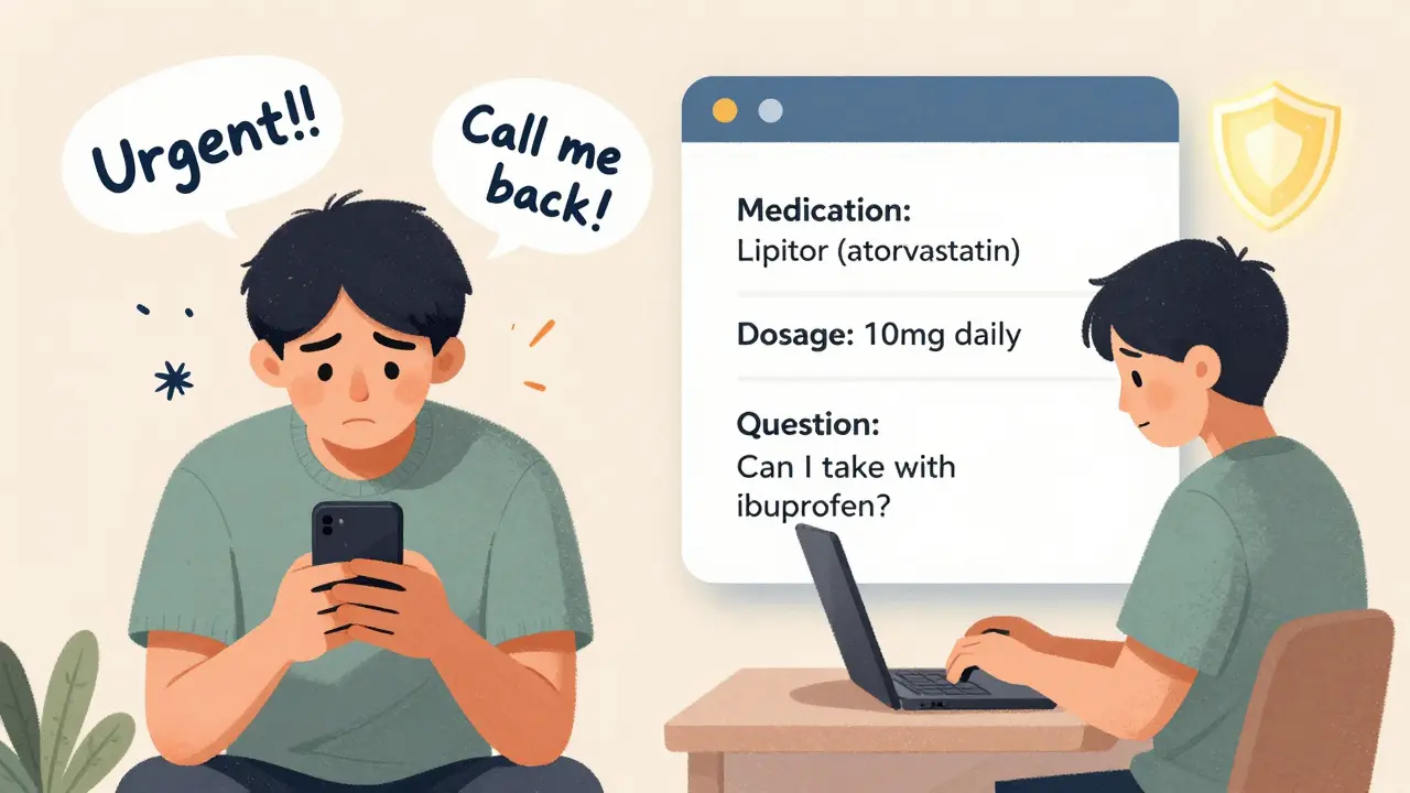 A split scene showing chaotic phone messages vs. clear secure messaging with pill details and a protective shield.