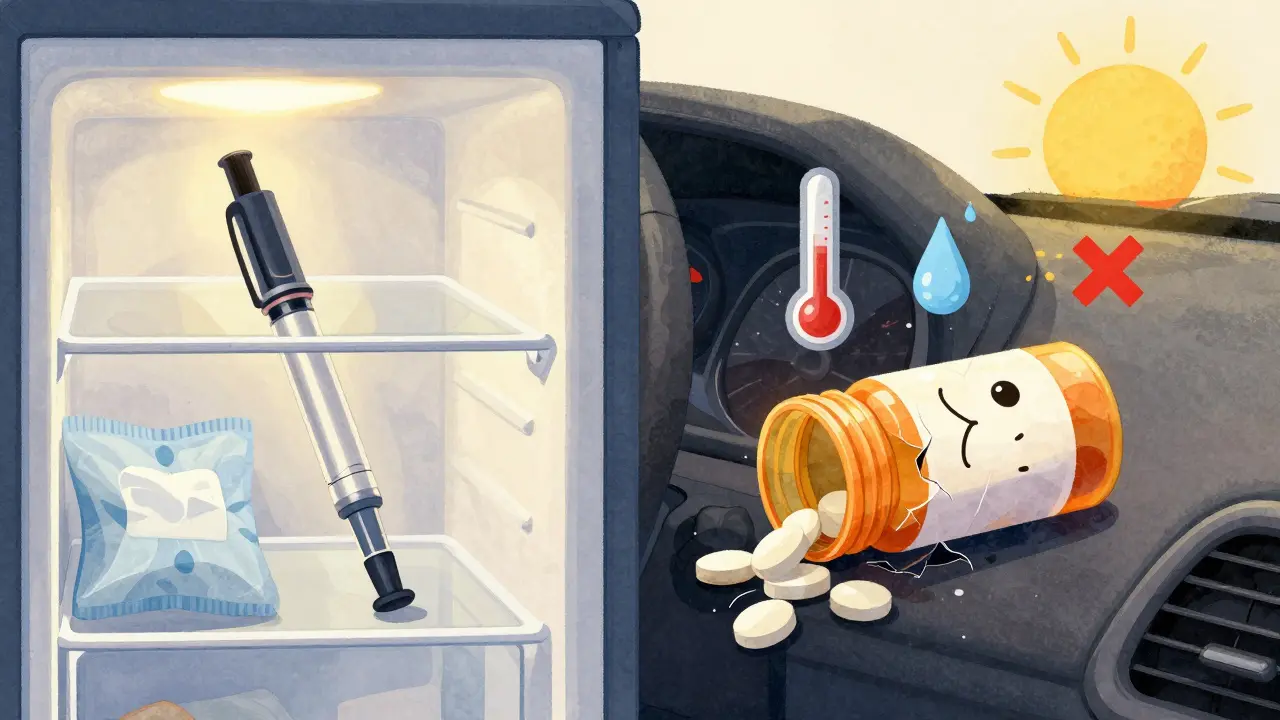 A split scene showing proper insulin storage vs. a damaged pill in a hot car, with visual warnings about heat and moisture.