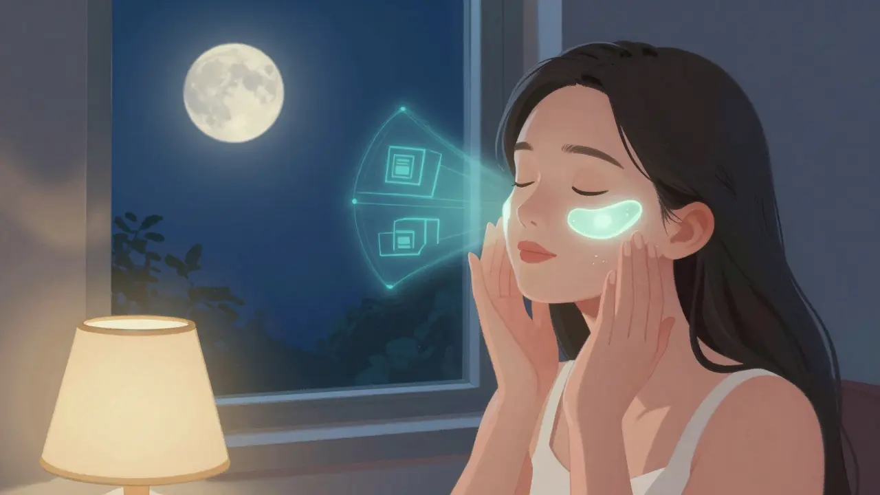 A woman applying nighttime cream as blue-green light glows through her window, shielded by protective skincare elements.