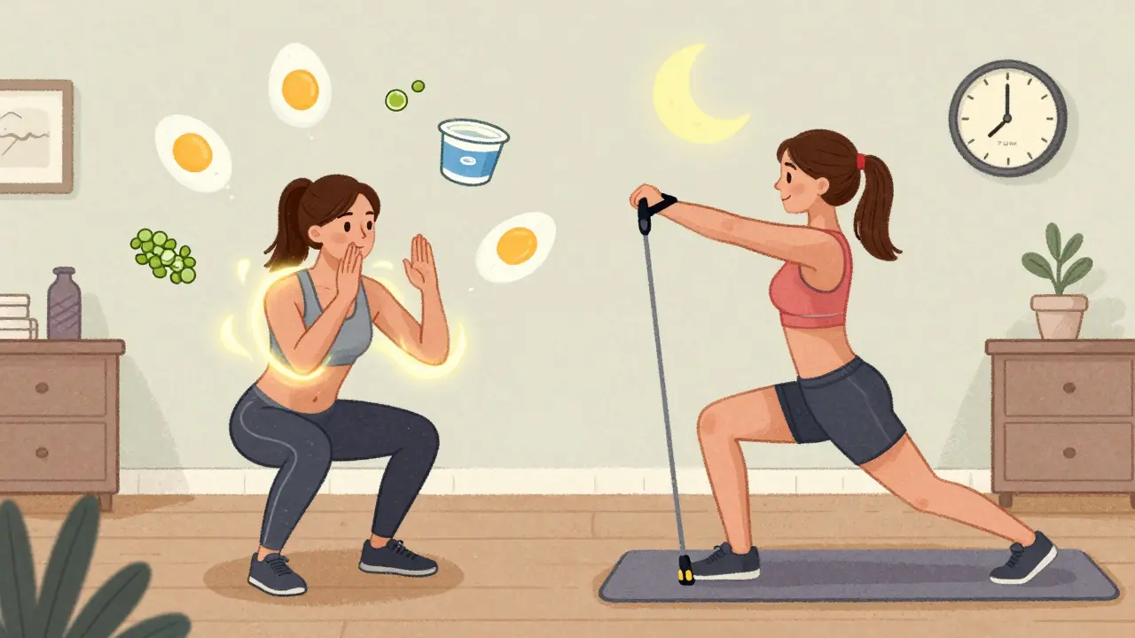 A woman exercises at home with resistance bands while protein-rich foods glow around her like helpful spirits.