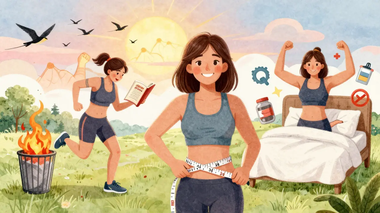 A woman measures her waist, showing progress, with her past and present health journeys shown in a split scene behind her.