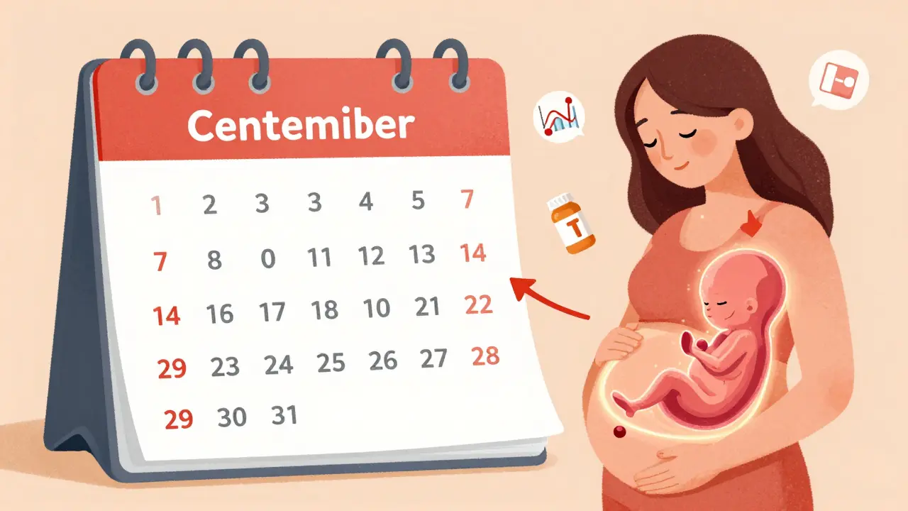 Calendar showing first trimester with rising arrows to a glowing fetal brain and medical symbols nearby.