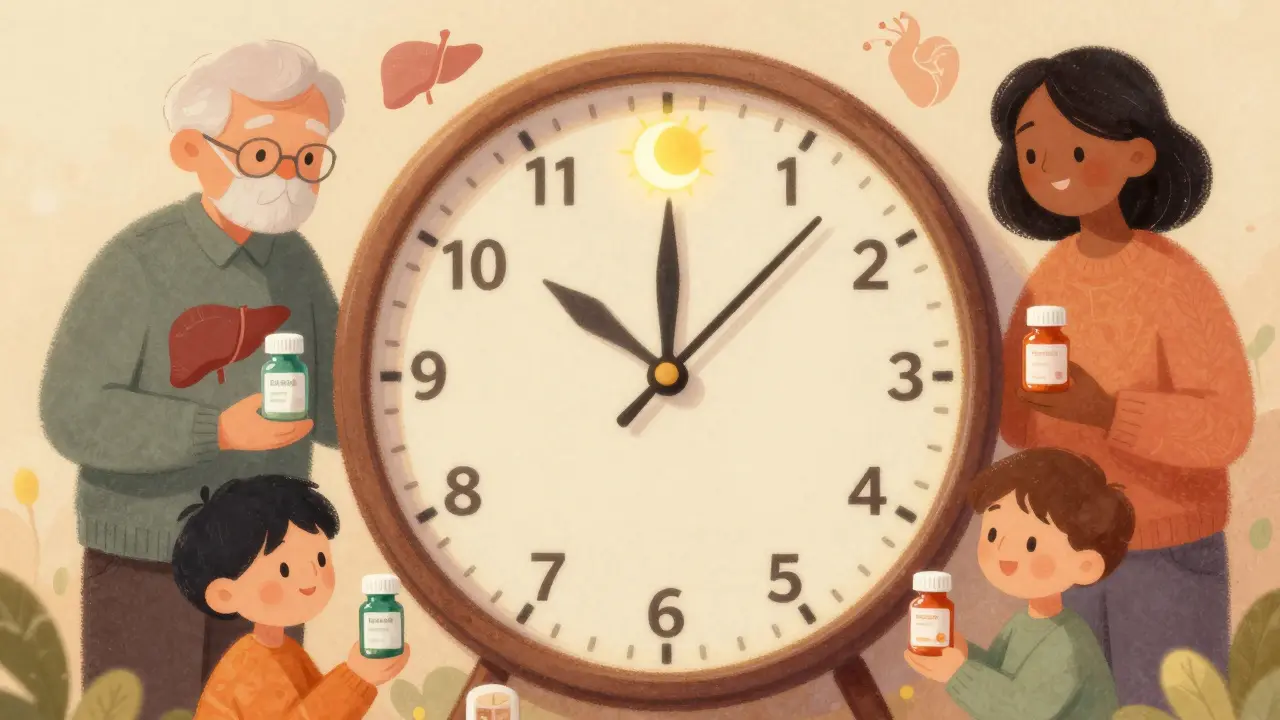 Clock face showing staggered doses of acetaminophen and NSAID, with symbols of liver, heart, and kidney protected by correct medications.