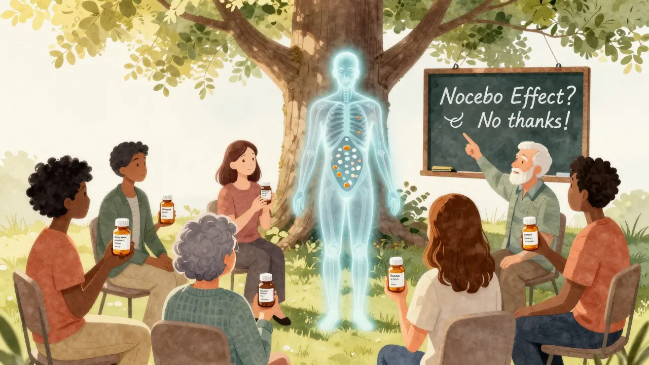 Diverse patients holding generic pills under a tree, with a transparent X-ray showing identical drug absorption.