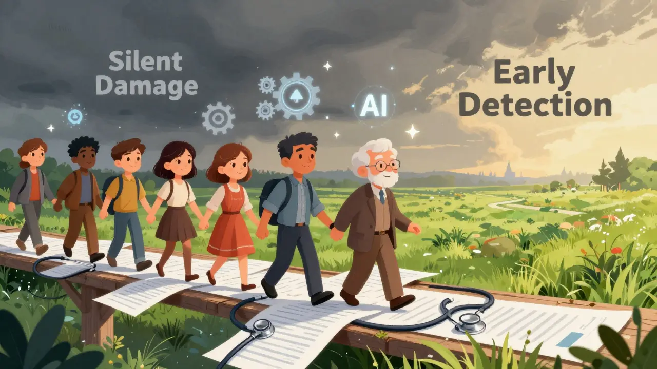 Diverse people crossing a bridge of medical tools from stormy gray into a vibrant green meadow of early detection.