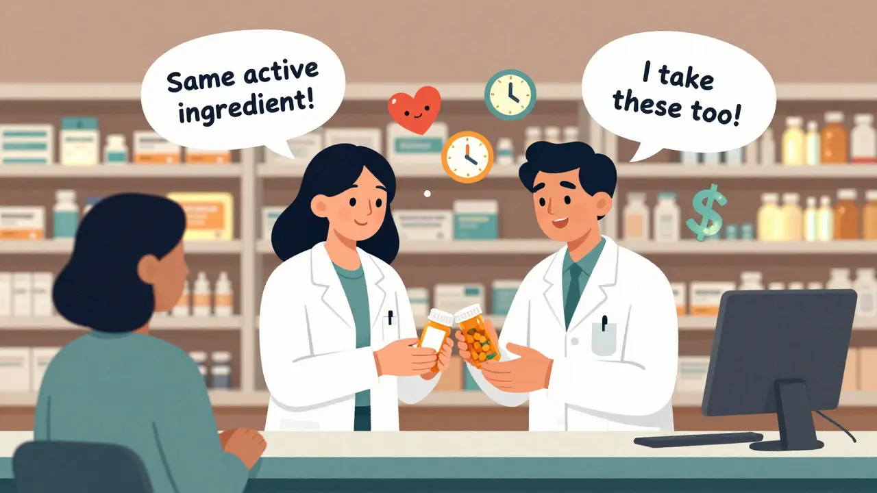 Doctor and pharmacist together giving a patient a generic medication with positive speech bubbles.