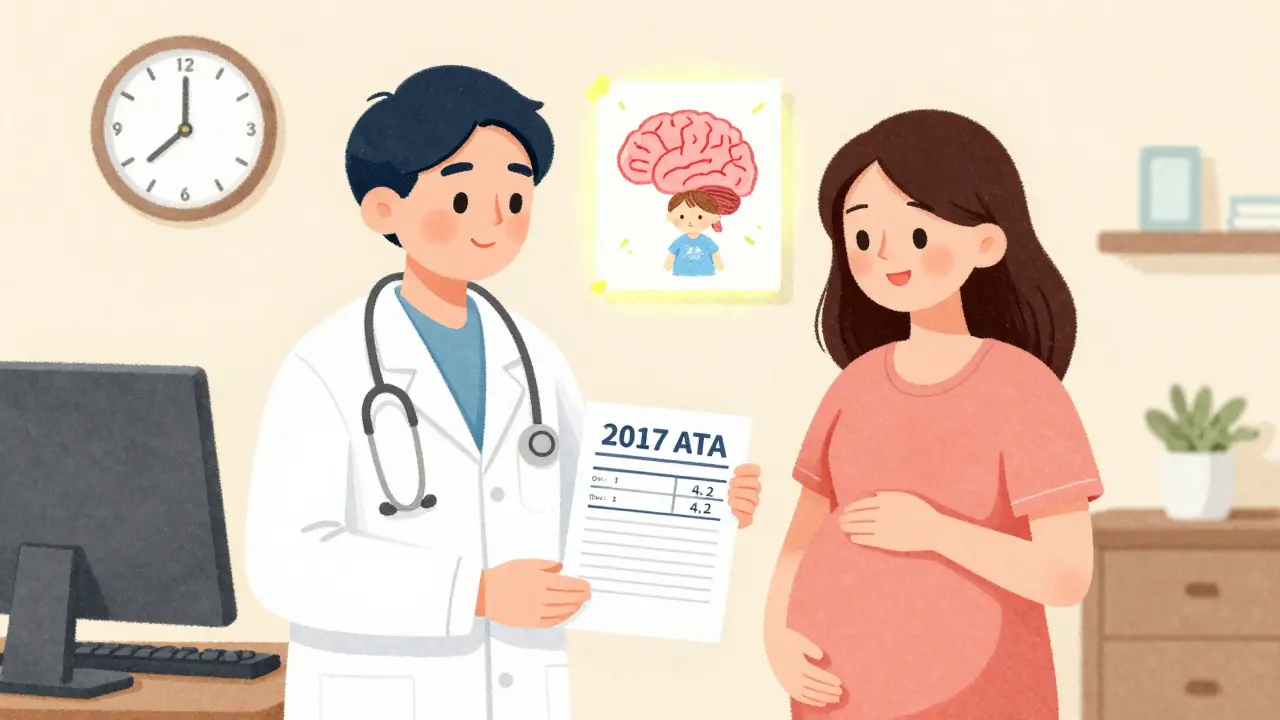 Doctor gives pregnant patient thyroid guidelines in clinic, with a lab report and ticking clock in background.