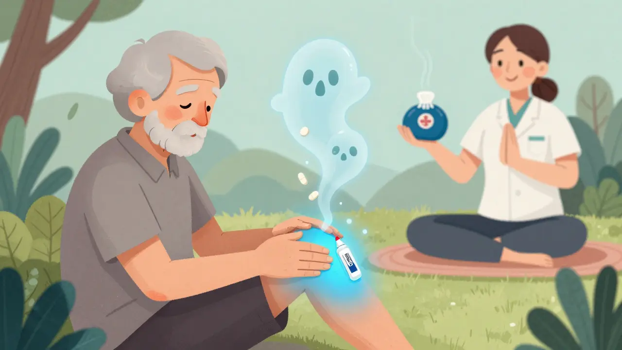 Elderly person applying topical gel to knee, ghost pills dissolving, therapist offering yoga and heat therapy in background.