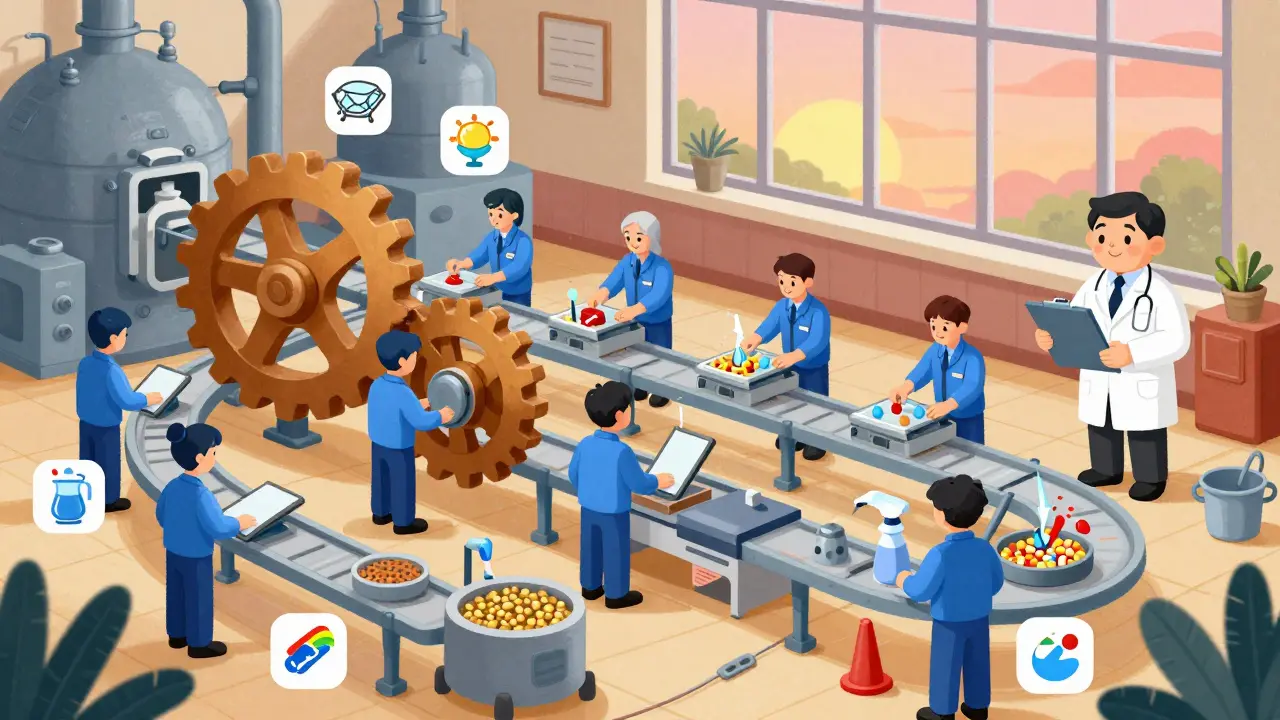 Magical factory line with tiny workers making pills, under a smiling FDA inspector, in storybook illustration.