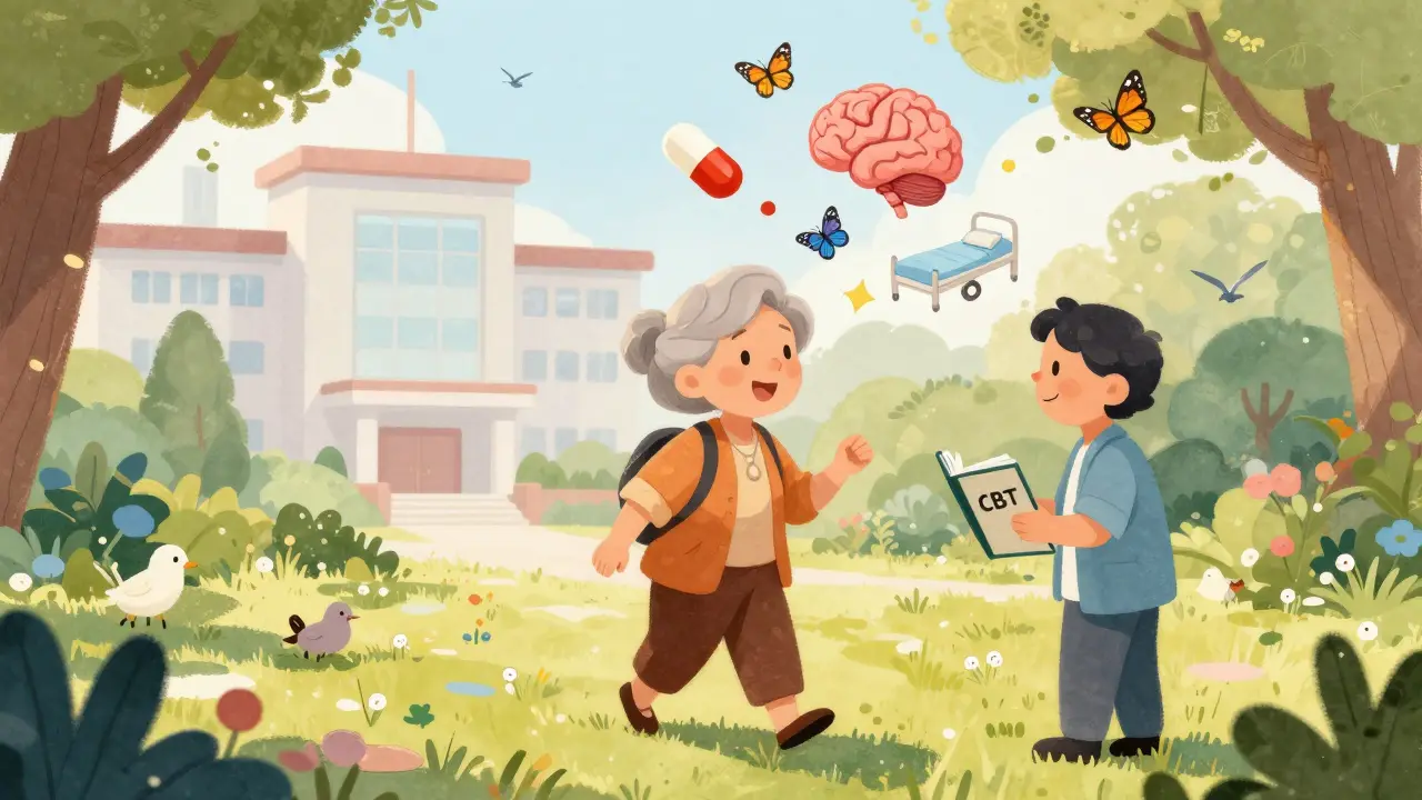 Older woman walking peacefully in garden with therapy notebook, while medical risks fade into butterflies.