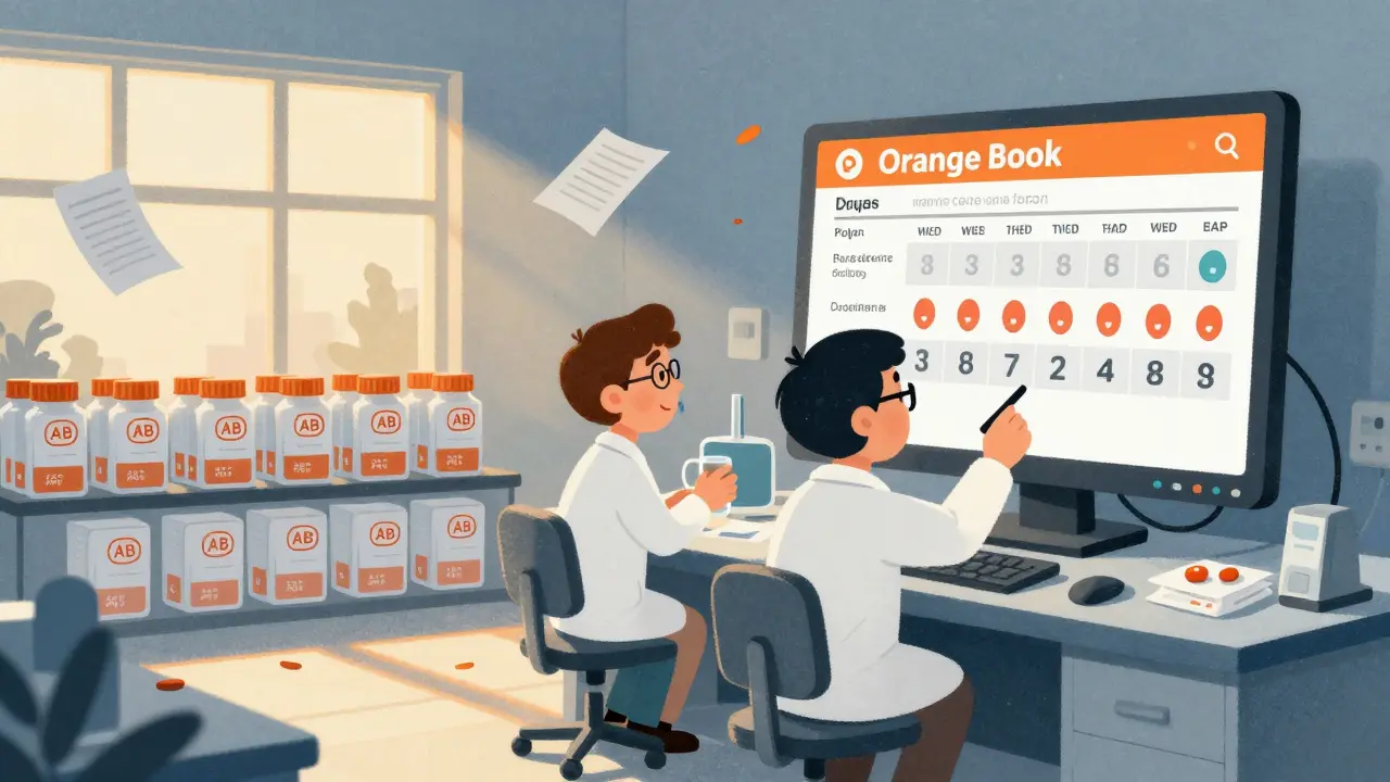 Scientists in a lab watch a digital Orange Book screen showing a patent expiration countdown as generic pills are packaged.