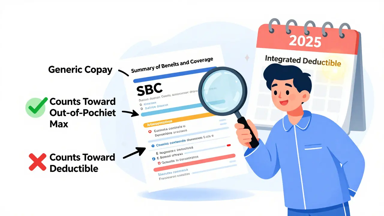 Someone using a magnifying glass to read a health plan document with arrows showing where copays count.