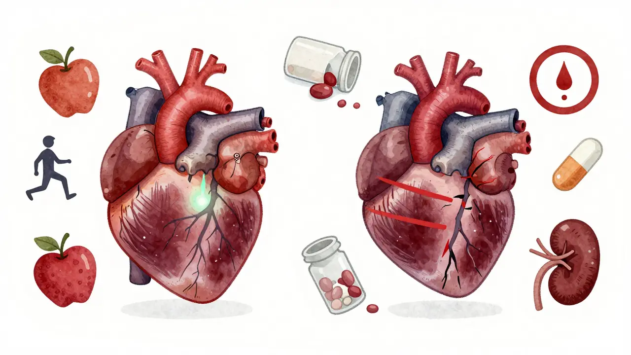 Split illustration: healthy heart with wellness symbols vs. damaged heart with pills and organ damage, stark red accents.