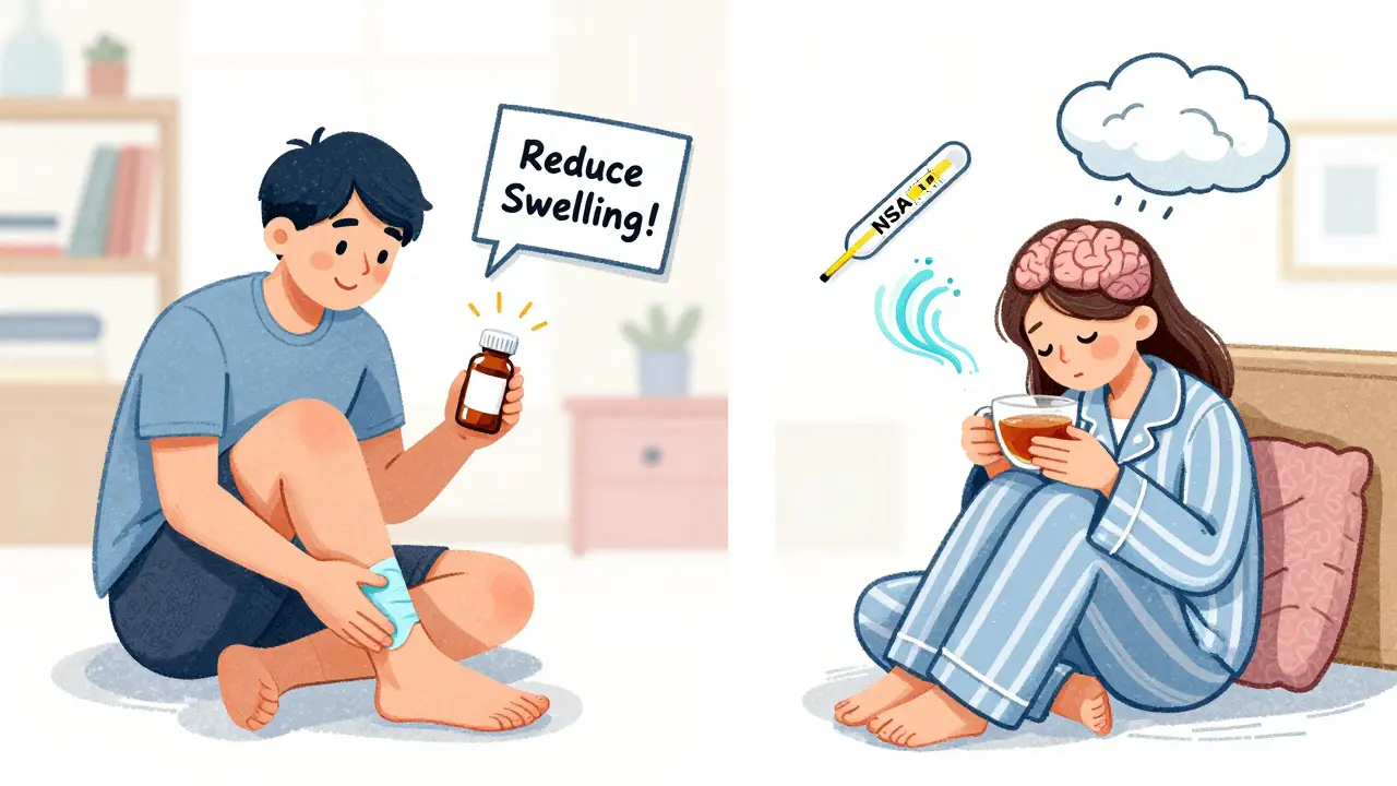 Split scene: athlete with swollen ankle using NSAID, and person with headache using acetaminophen in a cozy bedroom.