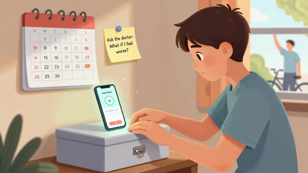Teen placing hand on locked medicine box as phone shows medication reminder, with supportive notes on wall.