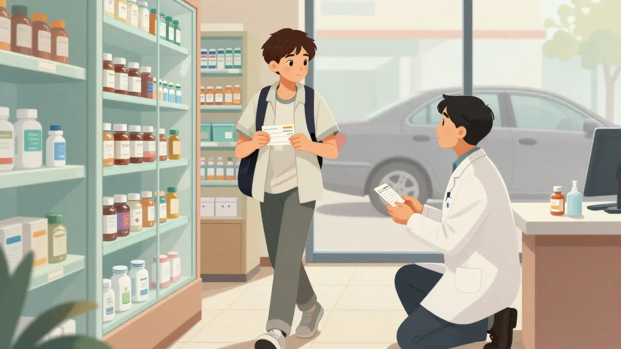 Teen speaking with a pharmacist at the pharmacy counter, parent visible outside through the window.