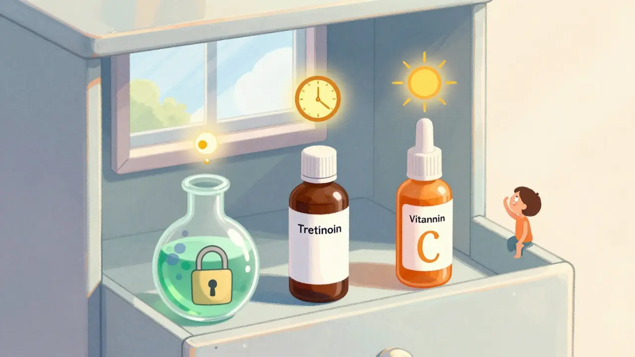 Three skincare treatments arranged like magical potions in a storybook-style medicine cabinet, with sun and skin renewal symbols.