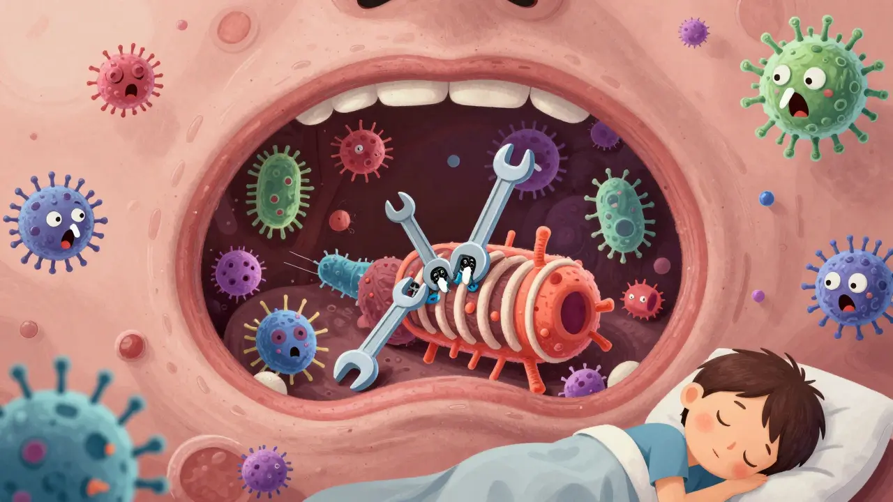Tiny wrench-like antibiotics jamming bacterial ribosomes in a throat, while viruses watch helplessly.