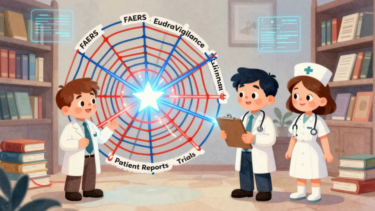 Two investigators examining a web of data sources, with three converging blue threads forming a star.