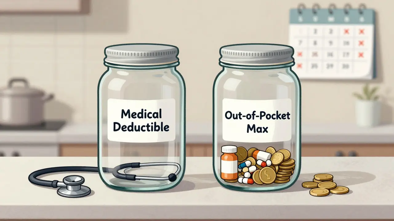 Two jars—one empty, one filling with pills and coins—showing the difference between deductible and out-of-pocket maximum.