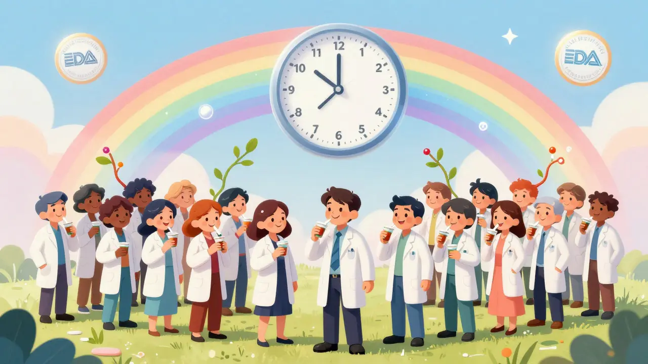 Volunteers taking pills with colorful blood curves showing drug absorption over time.