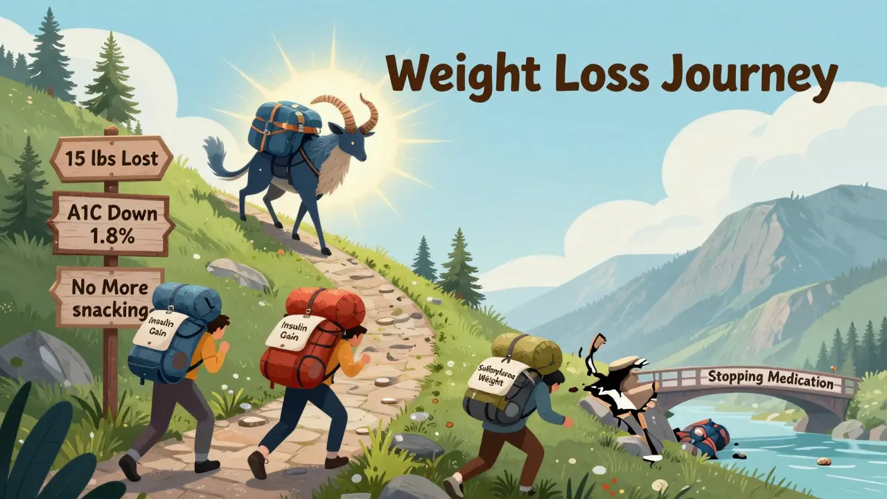 A climber ascending a mountain path labeled with weight loss milestones, guided by a dual-horned creature toward success.