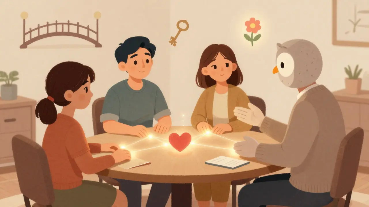 A family in therapy with a wise owl therapist, connected by glowing threads of emotional healing.