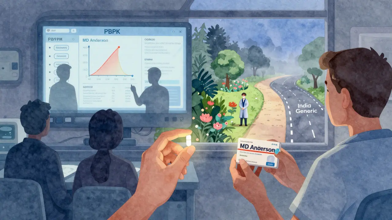 A patient holding generic and brand pills, with scientists watching through a window shaped like a computer screen displaying models.