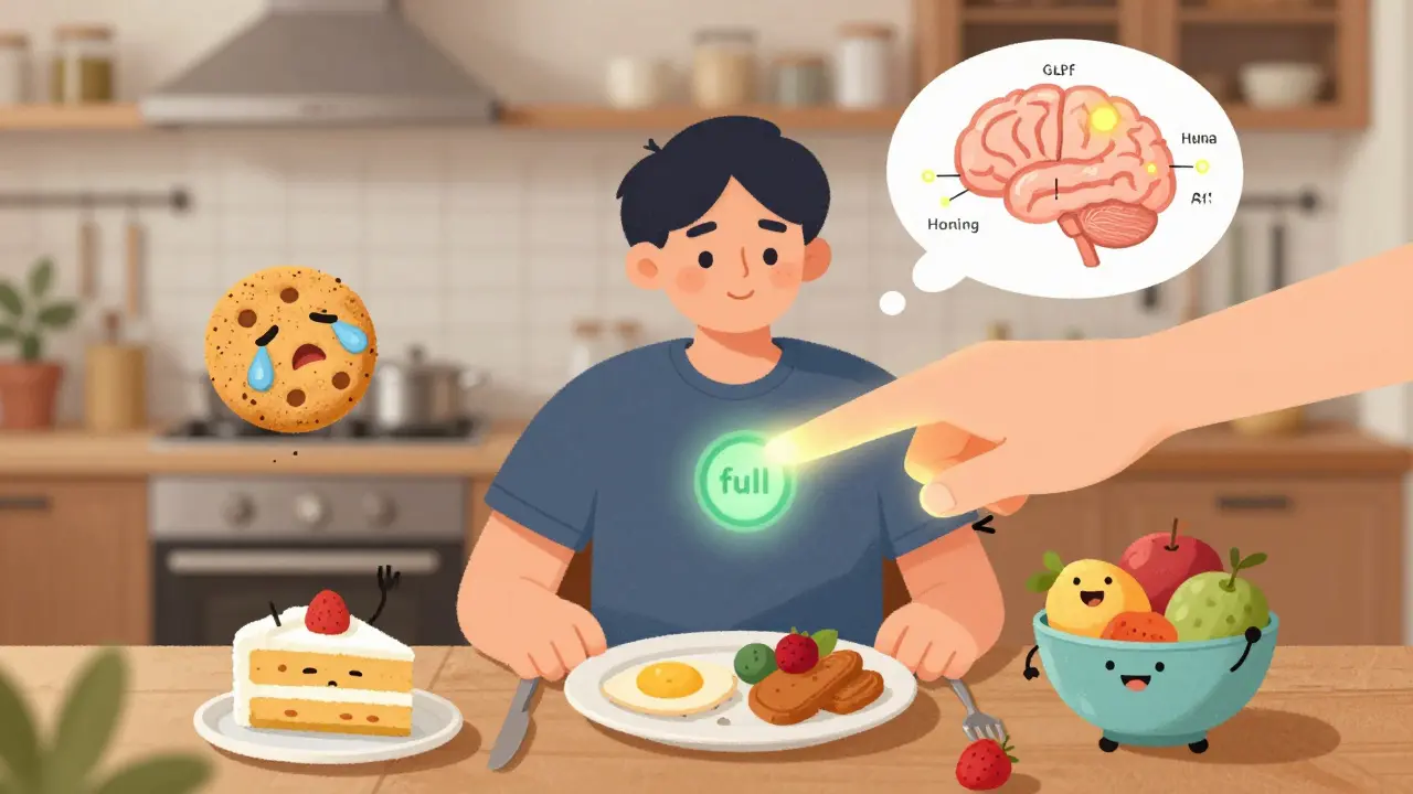 A person at a table with sad, fading junk food and a glowing hand activating a 'full' signal in their chest.