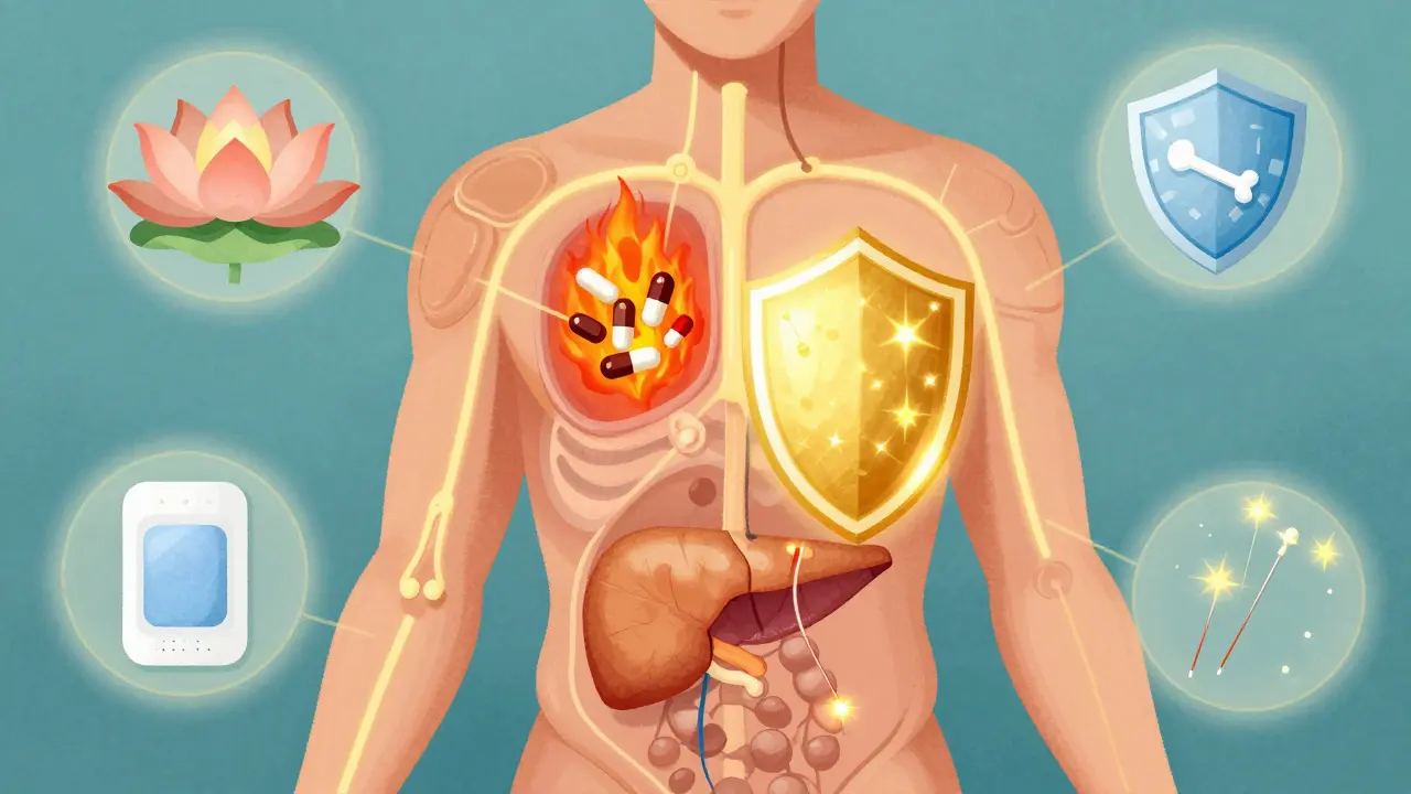 A storybook-style torso with glowing pathways showing opioid relief, nerve block protection, and acupuncture calming nerve sparks.
