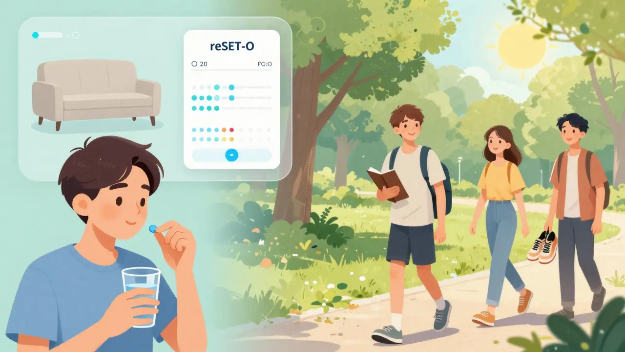 A teen taking medication while also jogging and using a mood-tracking app, showing dual approaches to depression.