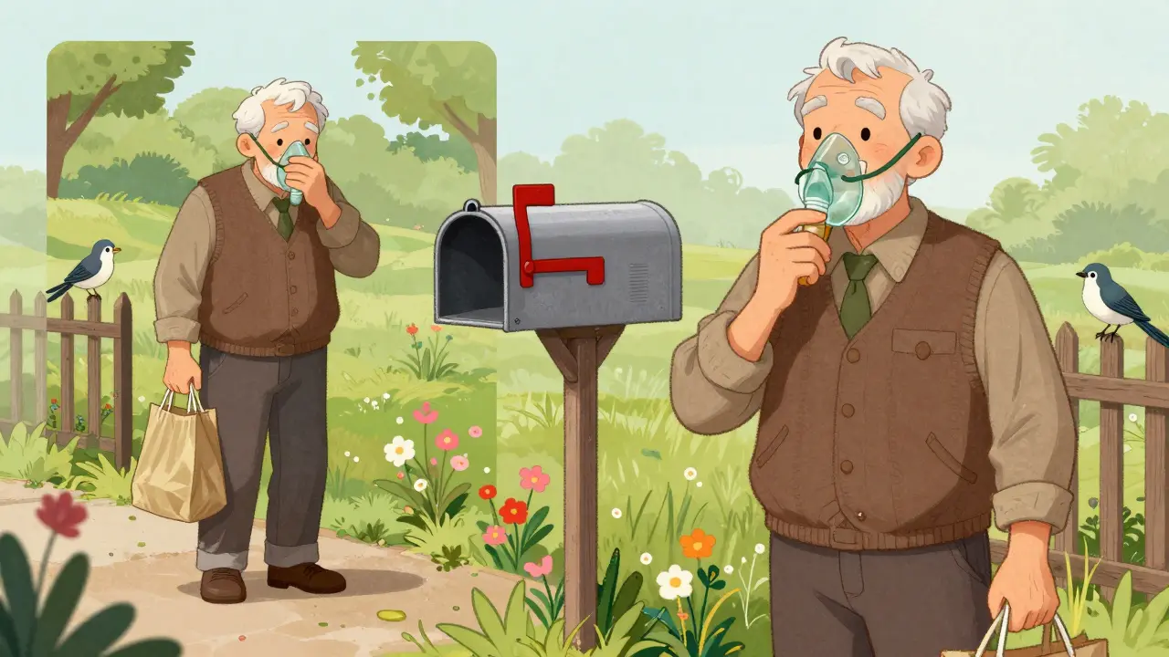An elderly man proudly delivering groceries to his mailbox, no oxygen mask needed.