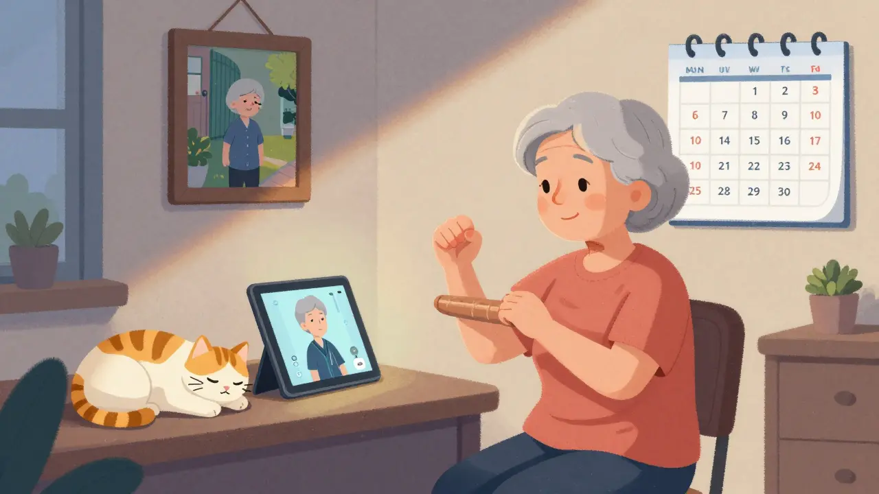 An elderly woman doing home exercises via tablet, with calming evening light and her cat nearby.