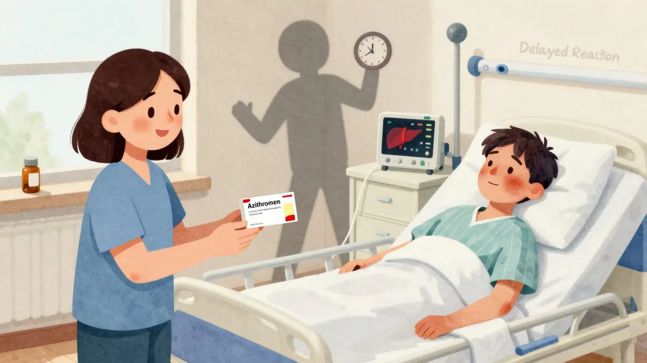 Before-and-after scene: a healthy patient receives azithromycin, then later lies jaundiced in a hospital bed.