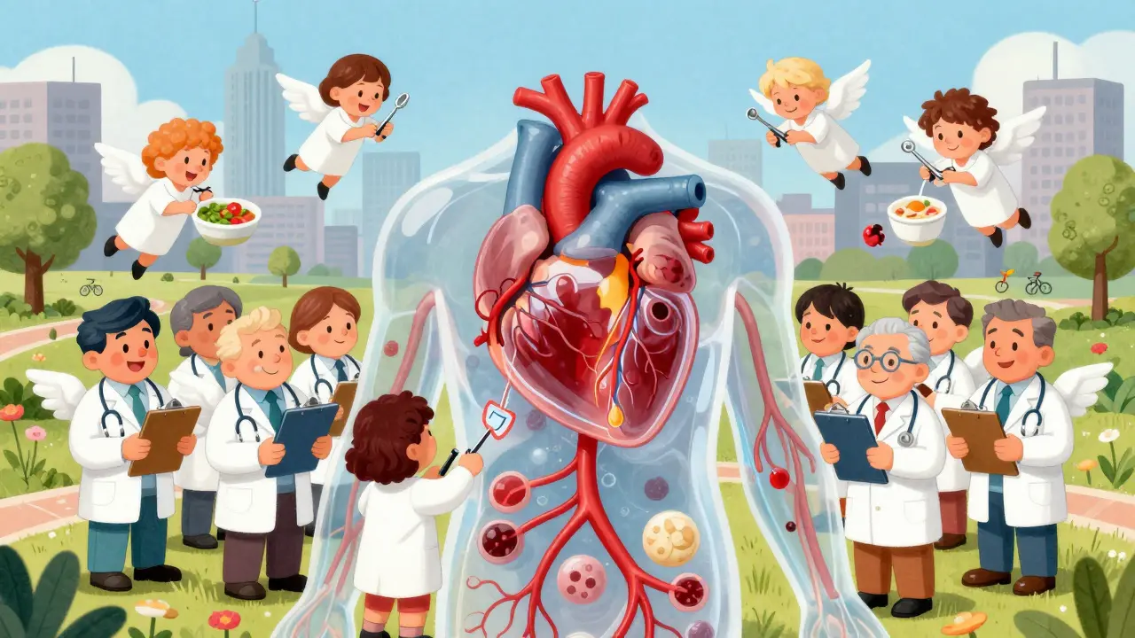 Cartoon doctors repairing a transparent heart with tiny tools, surrounded by a healthy city.