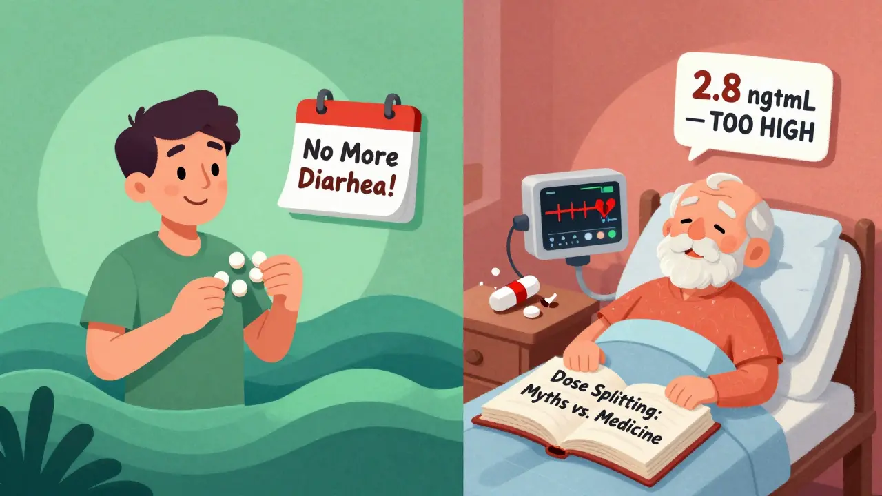 Contrasting outcomes of proper vs. improper pill splitting: one patient thrives, another is hospitalized due to toxic drug levels.