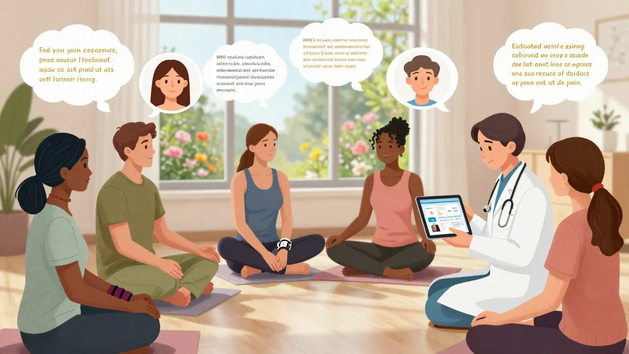 Diverse patients in a sunlit room receiving integrative therapies like acupuncture and mindfulness, with a doctor guiding their personalized pain plan.